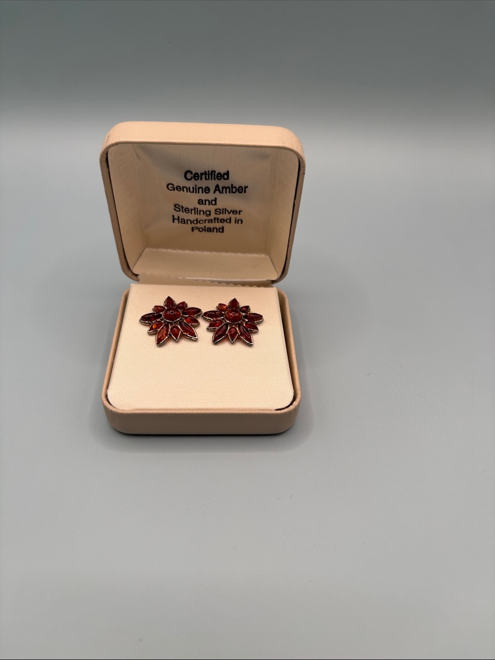 Sterling Silver Genuine Amber Floral Stud Earrings - Deep Amber